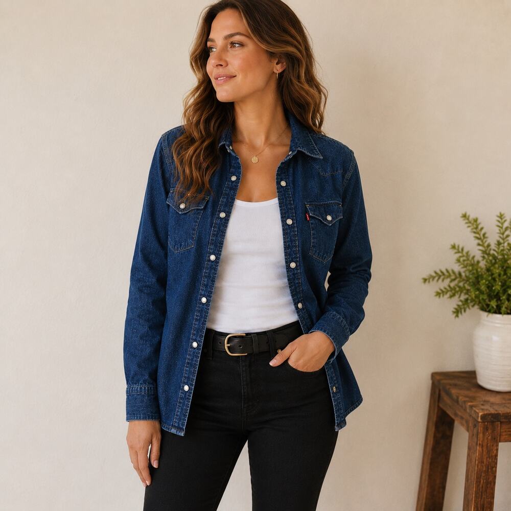 Levi's Western Dark Blue Denim Shirt Sz M Snap Buttons 2 Pocket Classic Shacket
